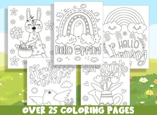 Spring Coloring Book, 25 Printable Spring Elements/Easter Coloring Pages for Kids, Teaching Materials, Stress Relief and Relaxation