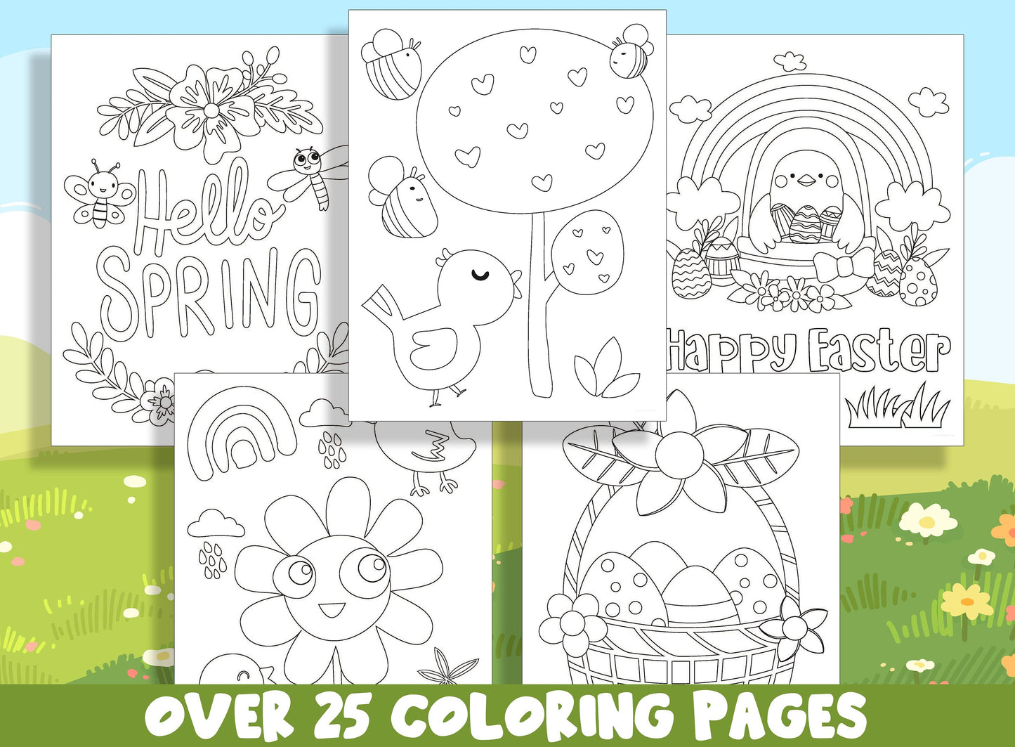 Spring Coloring Book, 25 Printable Spring Elements/Easter Coloring Pages for Kids, Teaching Materials, Stress Relief and Relaxation