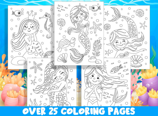 Mermaid Coloring Book, 25 Printable Beautiful Mermaid Coloring Pages For Kids, Under The Sea Teaching Materials, Stress Relief & Relaxation