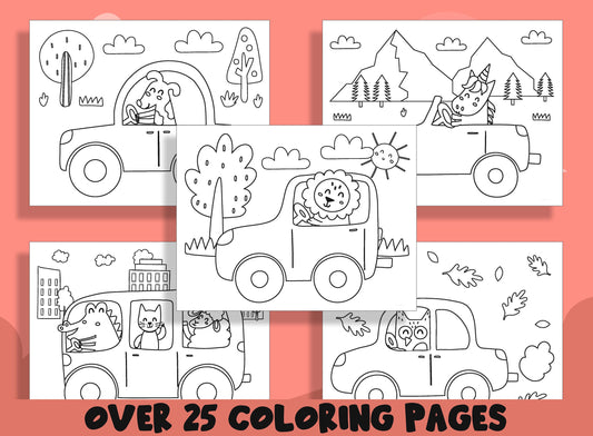 Car Coloring Pages, 25 Printable Cute Car Coloring Pages for Preschool, PreK and Kindergarten Children,  Instant PDF Download