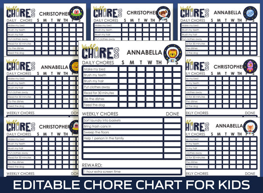 Kids Chore Chart Printable, Printable & Editable Chore Chart for Kids, These are Perfect for Helping You Kids Start Daily and Weekly Chores