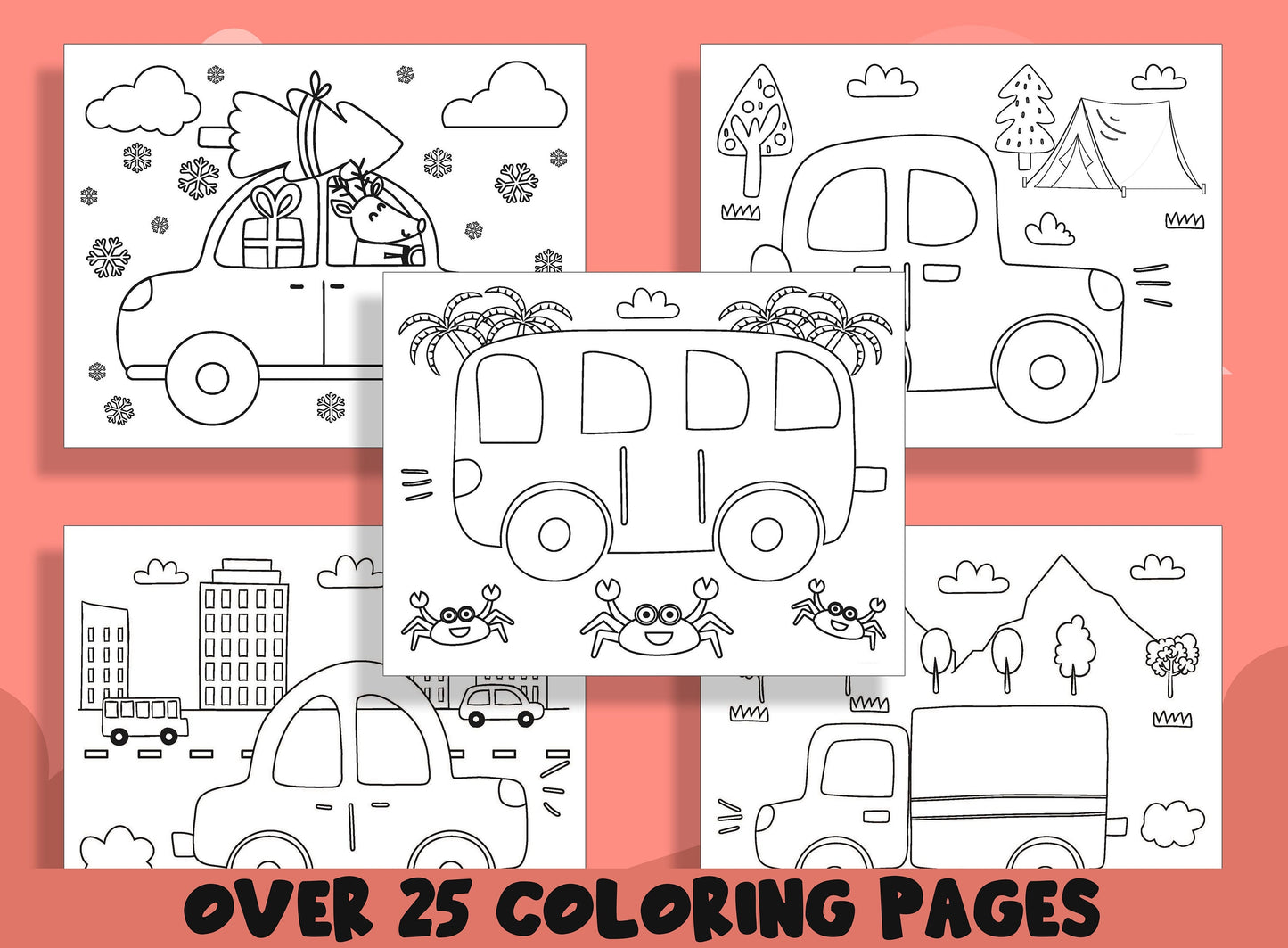 Car Coloring Pages, 25 Printable Cute Car Coloring Pages for Preschool, PreK and Kindergarten Children,  Instant PDF Download