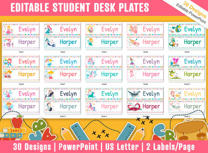 Student Desk Plates, 30 Printable/Editable Unicorn, Princess, Fairy, Mermaid, Knight, Dragon Classroom Name Tags & Name Plates for Students