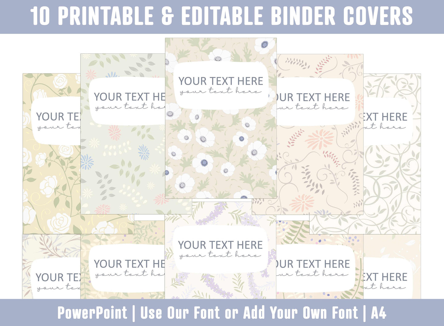 PowerPoint Binder Covers, 10 Printable/Editable Floral Pattern Covers+Spines, Binder/Planner Inserts for Teacher, Student, Home School