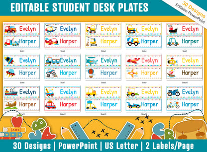Student Desk Plates, 30 Printable/Editable Transportation Classroom Name Tags & Name Plates for Student a Helpful Addition to Your Classroom