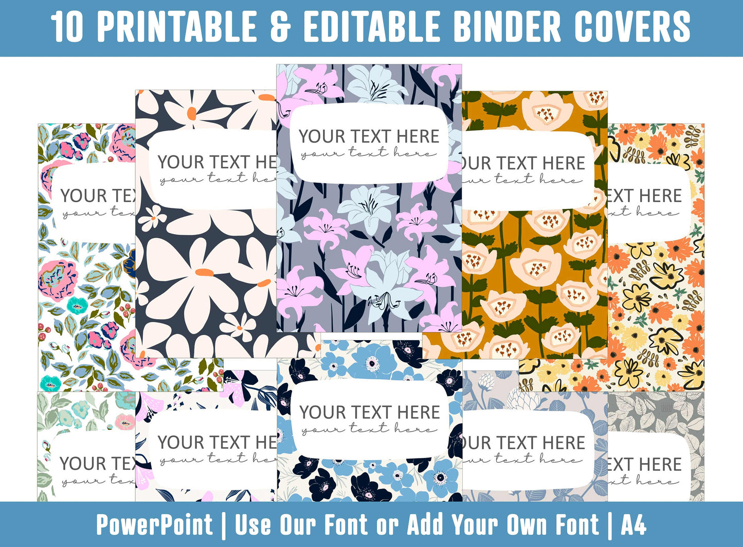 PowerPoint Binder Covers, 10 Printable/Editable Flower Botanical Covers+Spines, Binder/Planner Inserts for Teacher, Student, Home School
