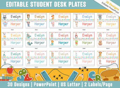 Student Desk Plates, 30 Printable/Editable Cute Cartoon Animals Classroom Name Tags & Name Plates, a Helpful Addition to Your Classroom