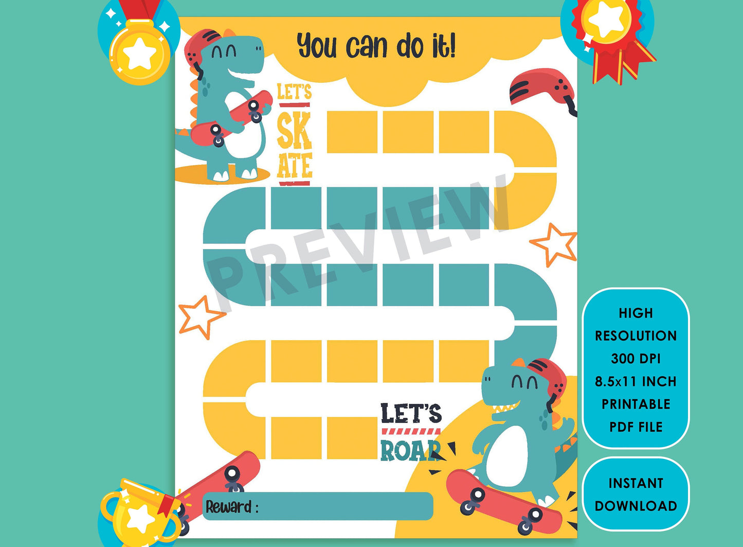 Printable Dinosaur Skateboard Reward Chart for Kids, a Way of Guiding Children Towards Positive Behavior, 2 Designs, PDF, Instant Download