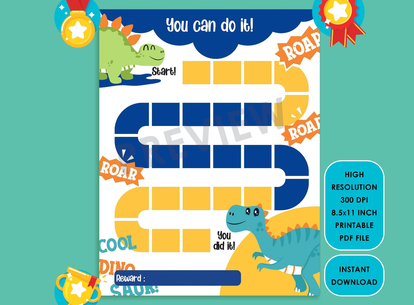 Printable Cool Dinosaur Reward Chart for Kids, a Way of Guiding Children Towards Positive Behavior, 2 Designs, PDF File, Instant Download