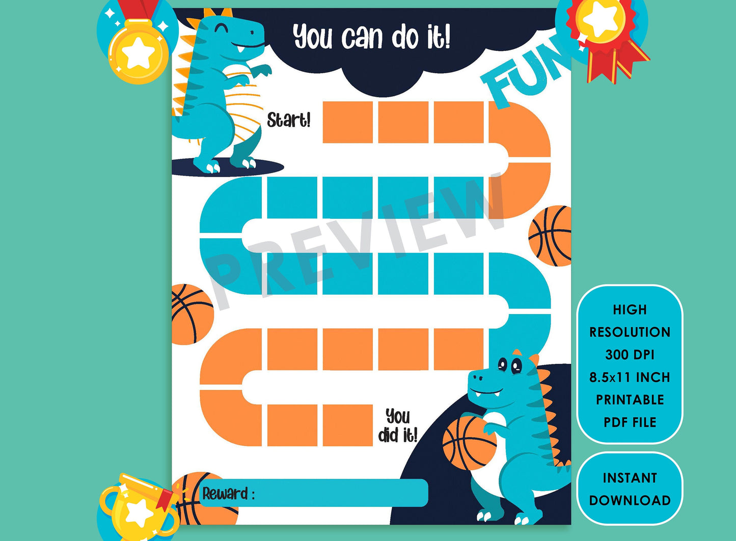 Printable Dinosaur Playing Sports Reward Chart for Kids, a Way of Guiding Children Towards Positive Behavior 2 Designs PDF, Instant Download