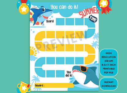 Printable Cool Shark Summer Time Reward Chart for Kids, a Way of Guiding Children Towards Positive Behavior, 2 Designs, PDF Instant Download