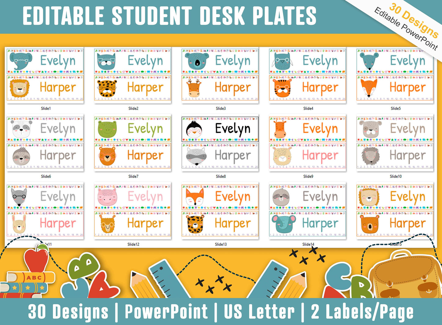 Student Desk Plates, 30 Printable/Editable Animals Faces Classroom Name Tags & Name Plates for Student; a Helpful Addition to Your Classroom