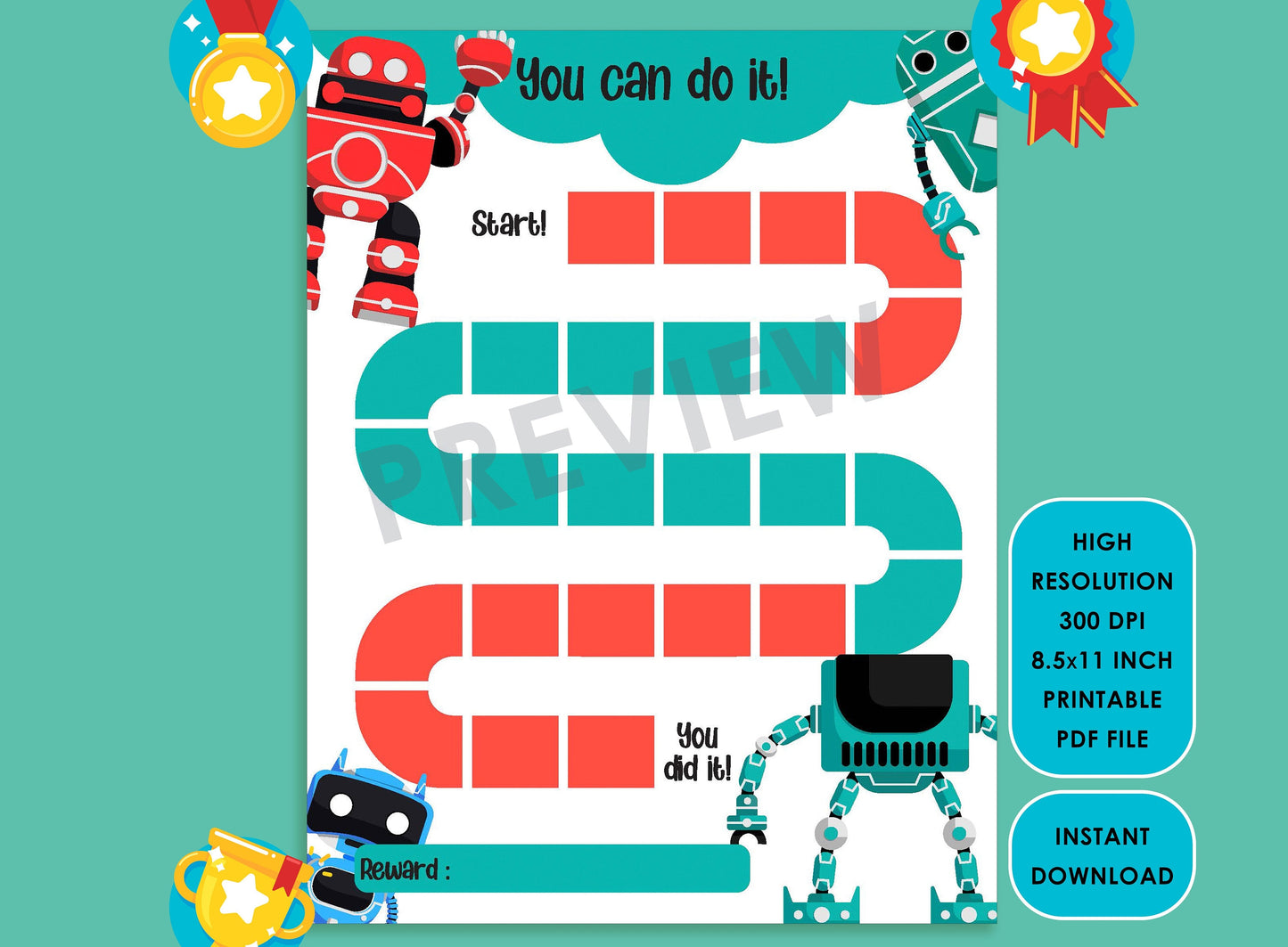 Printable Robot Reward Chart for Kids, a Way of Guiding Children Towards Positive Behavior, 2 Designs, PDF File, Instant Download