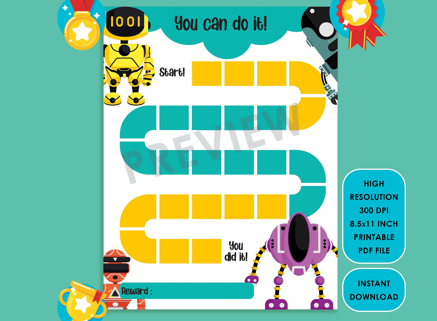 Printable Robot Reward Chart for Kids, a Way of Guiding Children Towards Positive Behavior, 2 Designs, PDF File, Instant Download