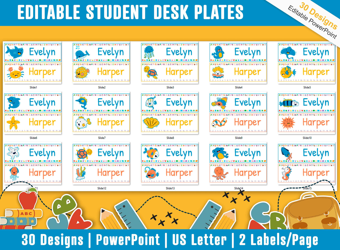 Student Desk Plates, 30 Printable/Editable Sea Animals Classroom Name Tags & Name Plates for Student; a Helpful Addition to Your Classroom