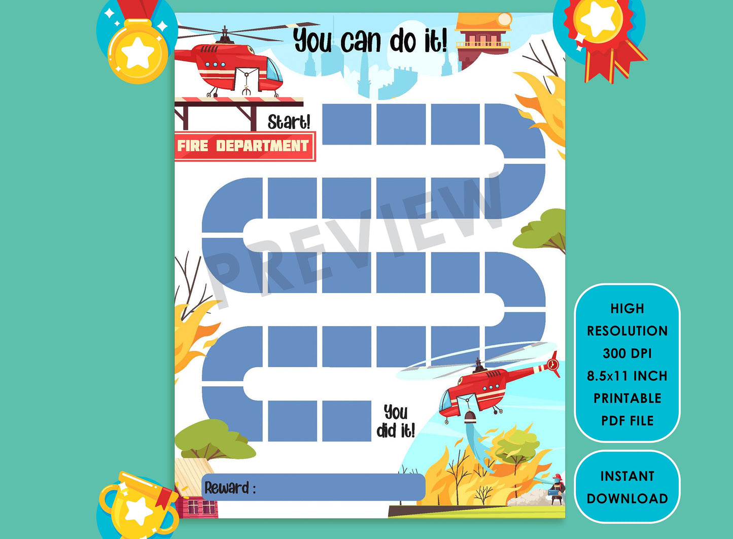 Printable Firefighter Helicopter Reward Chart for Kids, a Way of Guiding Children Towards Positive Behavior, 2 Designs, PDF Instant Download
