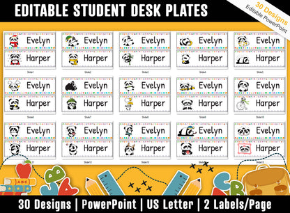 Student Desk Plates, 30 Printable/Editable Panda Bear Classroom Name Tags/Name Plates for Student, a Helpful Addition to Your Classroom