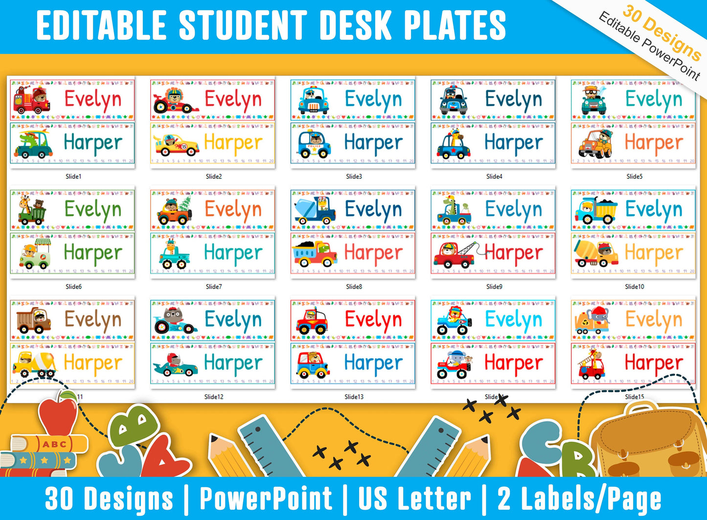 Student Desk Plates 30 Printable/Editable Car and Truck Classroom Name Tags/Name Plates for Student, a Helpful Addition to Your Classroom