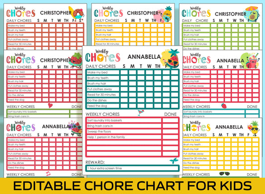 Printable & Editable Summer Chore Chart for Kids: Keep Them Organized and Motivated All Season Long - PDF File, Instant Download