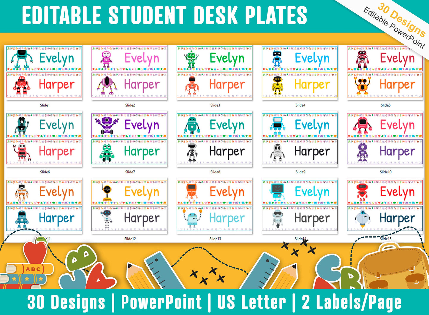 Student Desk Plates 30 Printable/Editable Robot Classroom Name Tags/Name Plates for Student, a Helpful Addition to Your Classroom