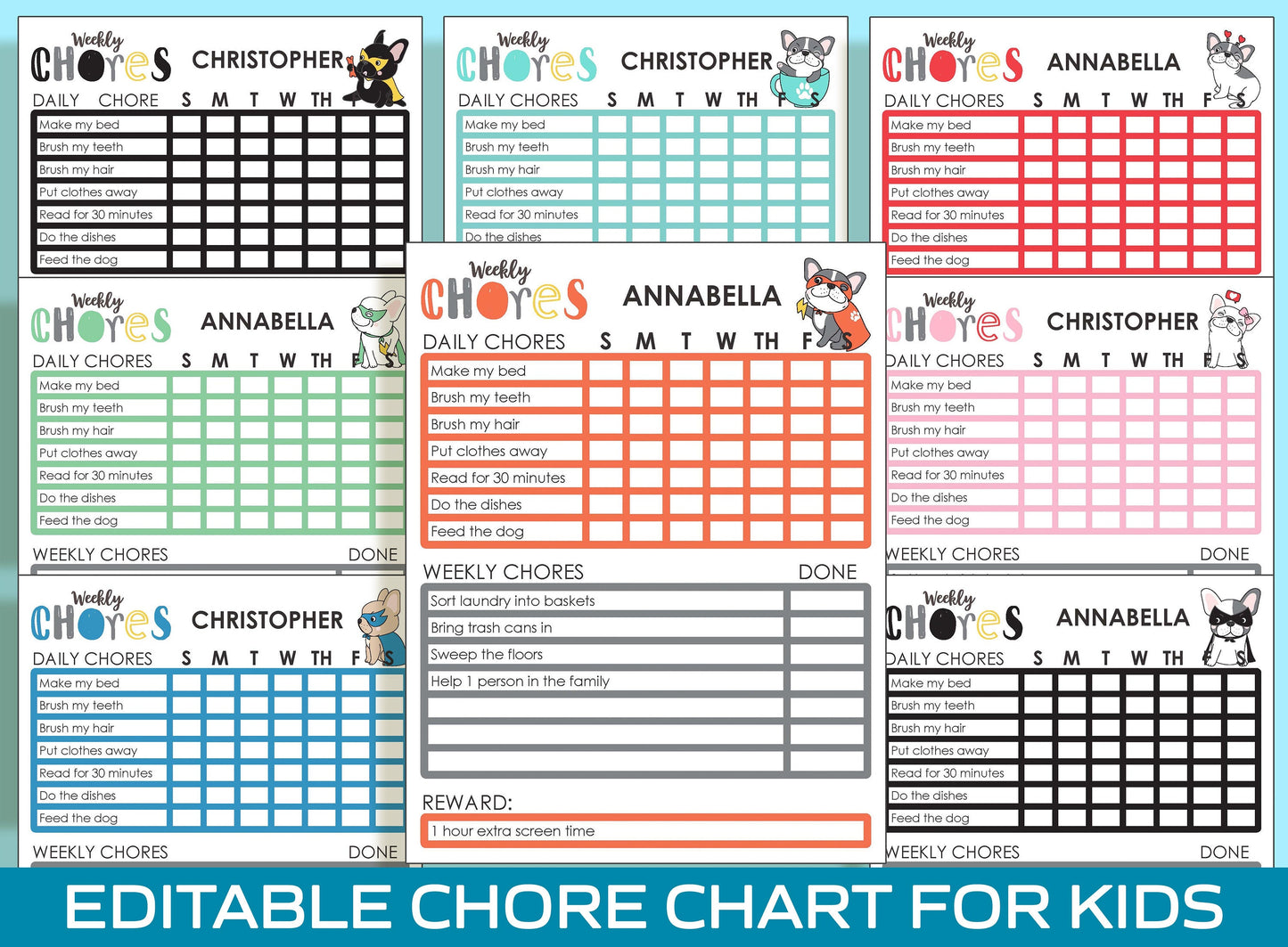 Fun & Functional Printable/Editable Bulldog Chore Chart for Kids: Encourage Responsibility and Accountability, PDF File, Instant Download