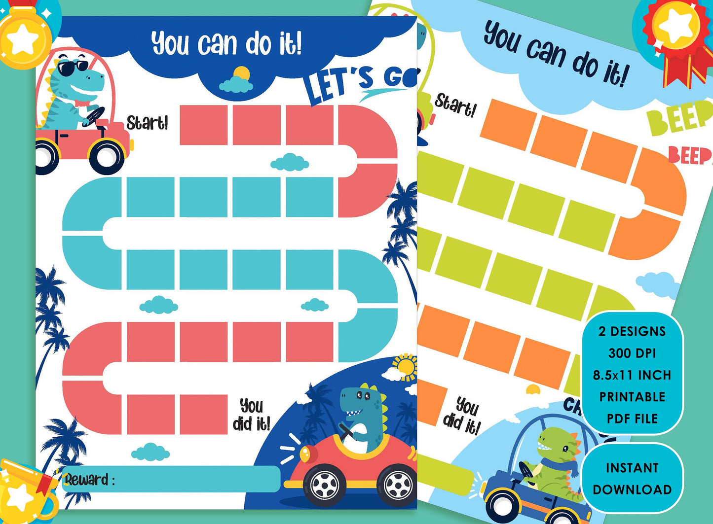 Printable Dinosaur Driving Reward Chart for Kids, a Way of Guiding Children Towards Positive Behavior, 2 Designs, PDF File, Instant Download