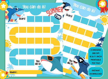Printable Cool Shark Summer Time Reward Chart for Kids, a Way of Guiding Children Towards Positive Behavior, 2 Designs, PDF Instant Download