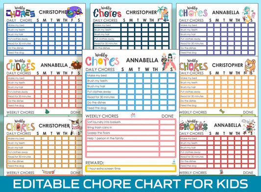 Fun and Customizable Chore Chart for 9 Year Old: 8 Adorable Designs - Instant PDF Download