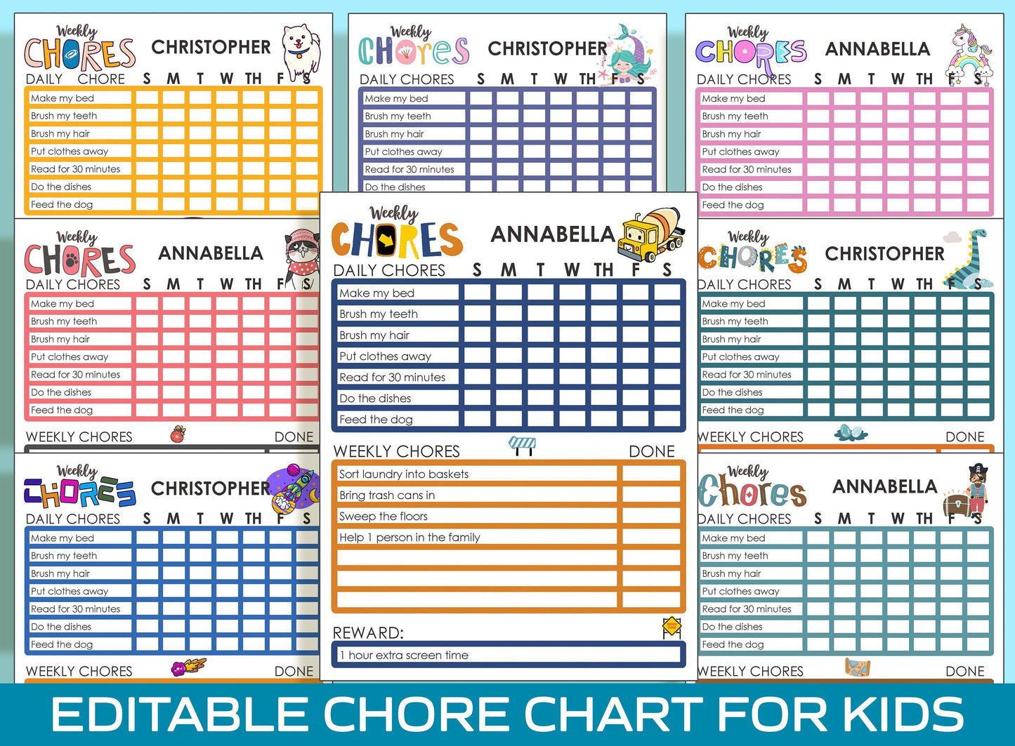 8 Printable and Editable Chore Chart Ideas with Adorable Designs: Instant Download PDF File Included