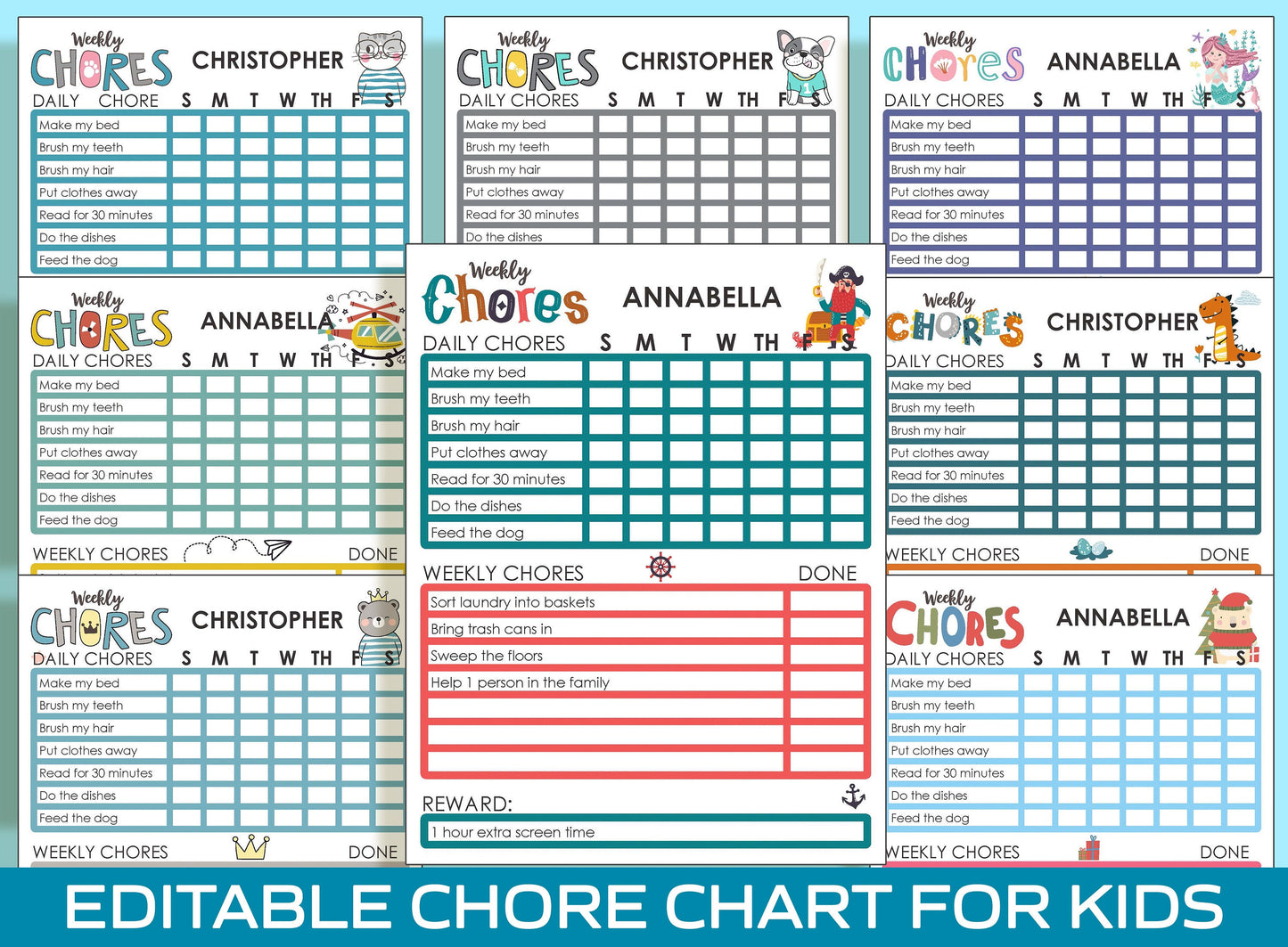 Cute and Customizable Chore Chart for 8 Year Old: 8 Adorable Designs - Instant PDF Download