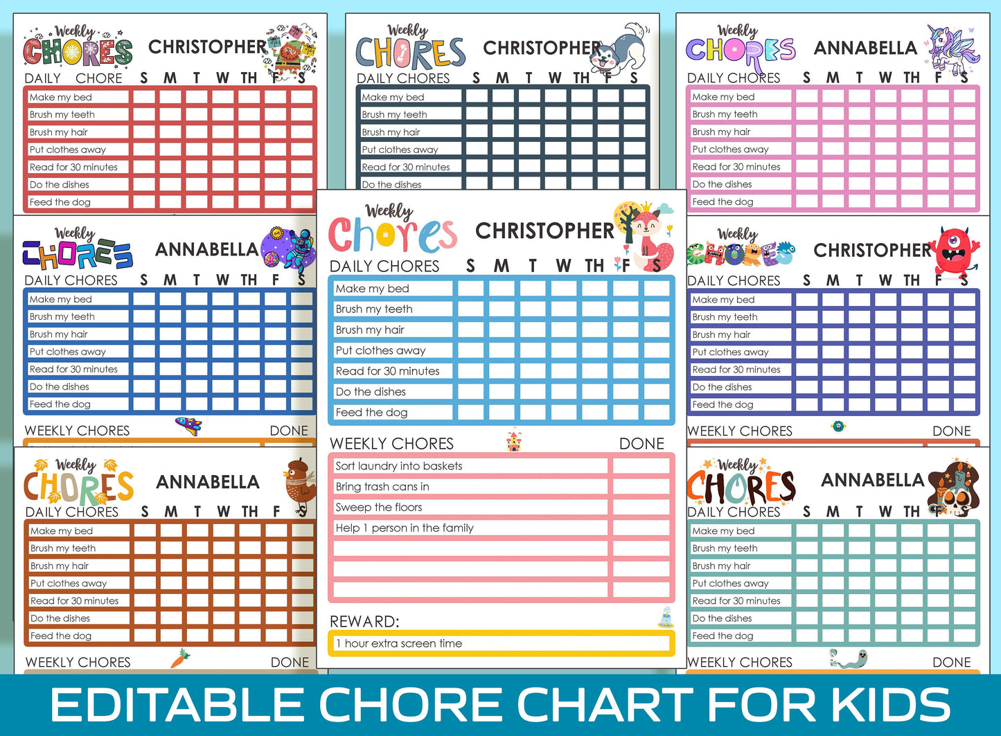 Fun and Easy Chore Charts for Kids: 8 Adorable Designs for 10 Year Old - Printable and Editable, PDF File, Instant Download