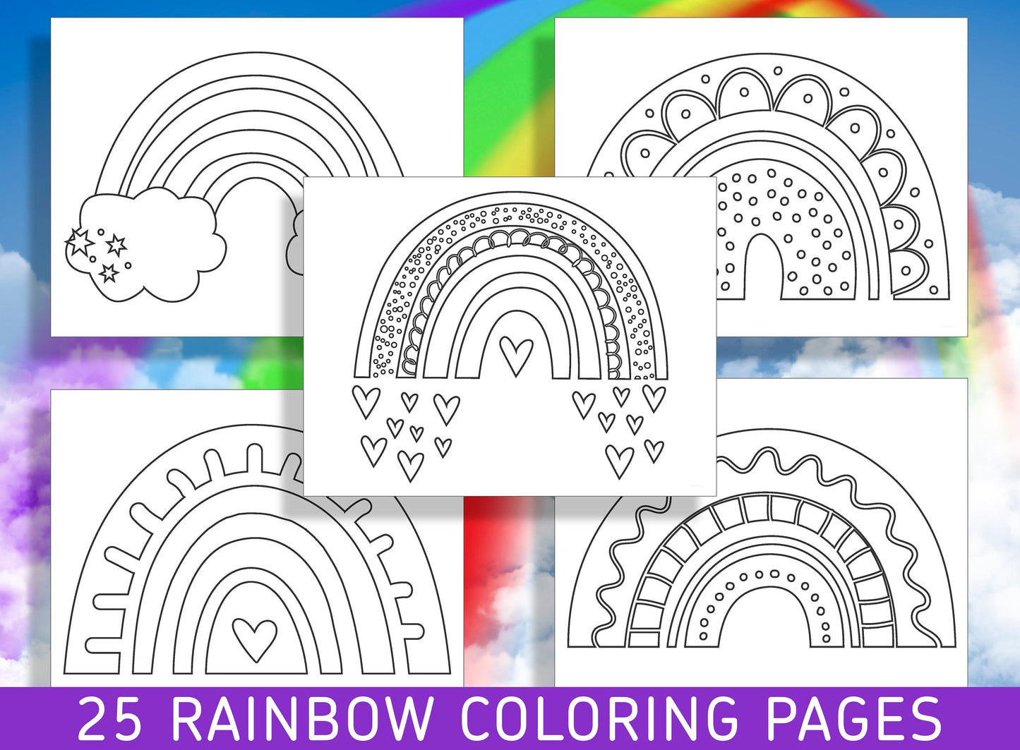 25 Delightful Rainbow Coloring Pages for Preschool and Kindergarten, PDF File, Instant Download