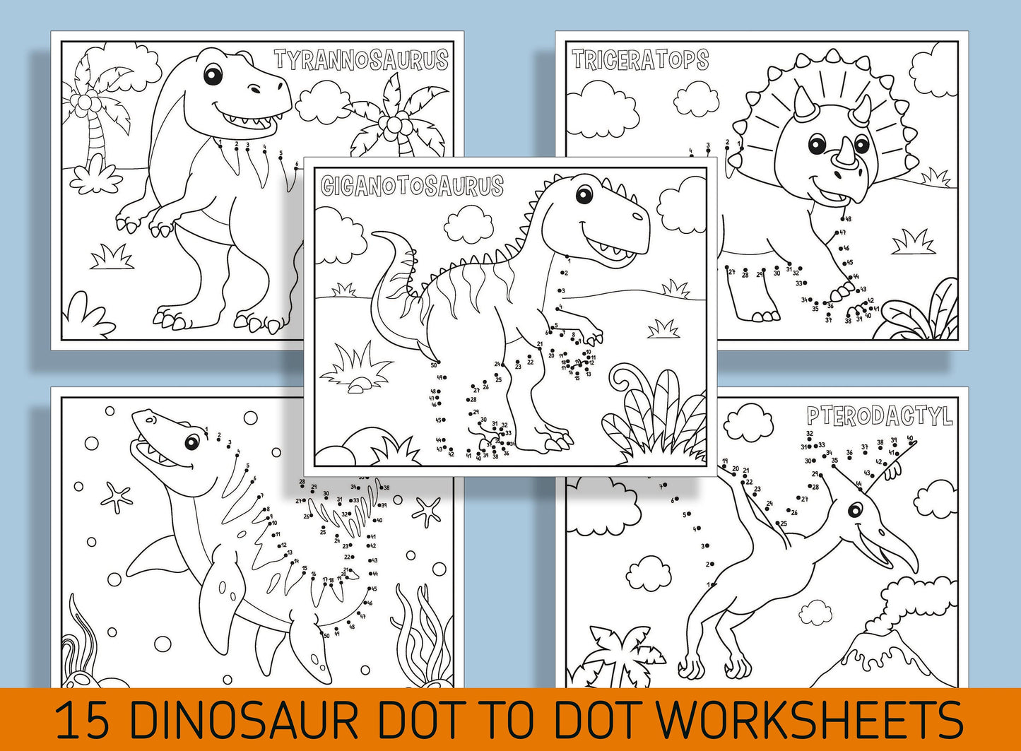 Roar into Learning with 15 Dinosaur Dot-to-Dot Worksheets: Perfect for Preschool & Kindergarten Fun and Education, PDF File/Instant Download