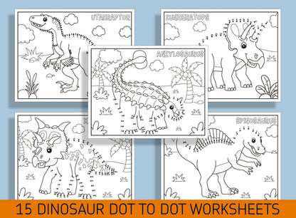 Roar into Learning with 15 Dinosaur Dot-to-Dot Worksheets: Perfect for Preschool & Kindergarten Fun and Education, PDF File/Instant Download