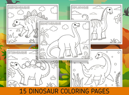 Roar into Fun with 15 Dinosaur Coloring Sheets - Perfect for Kindergarten and Preschoolers! - PDF File - Instant Download