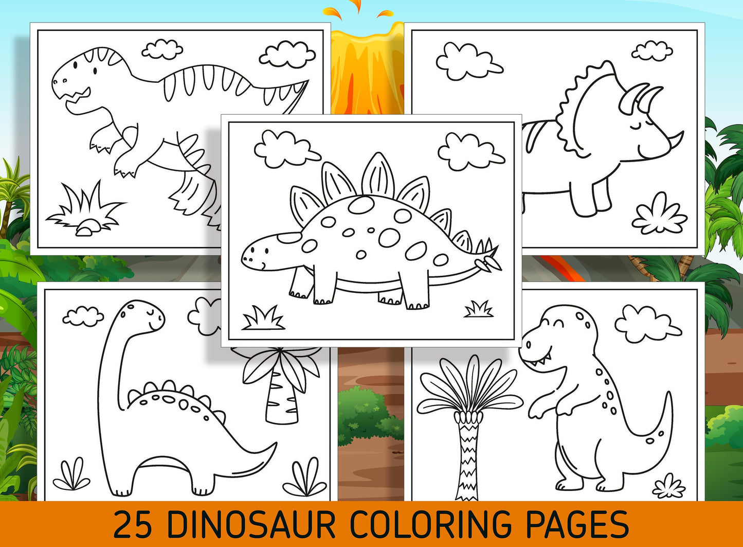 Roar-some Fun for Kids! 25 Easy Dinosaur Coloring Pages for Kindergarten and Preschool - PDF File - Instant Download