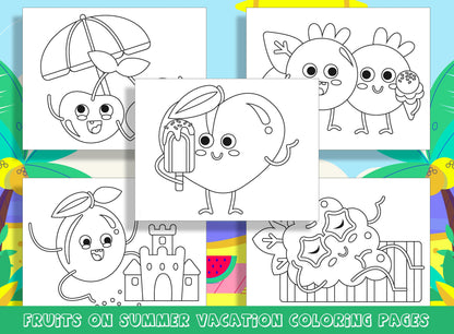 Fruits Characters on Summer Vacation Coloring Pages, Perfect for Preschool and Kindergarten, PDF File, Instant Download