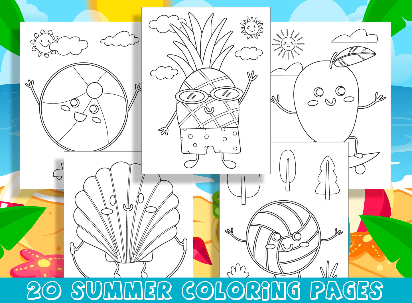 Summer Fun Character Coloring Pages: 20 Playful Designs for Preschool and Kindergarten, PDF File, Instant Download