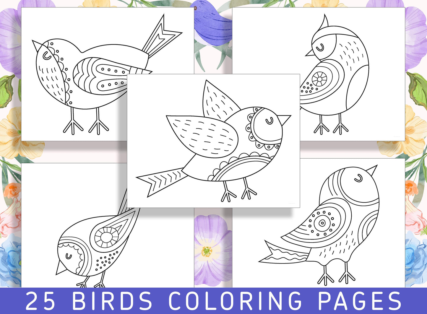Colorful World of Birds: 25 Pages of Avian Beauty to Color, PDF File, Instant Download