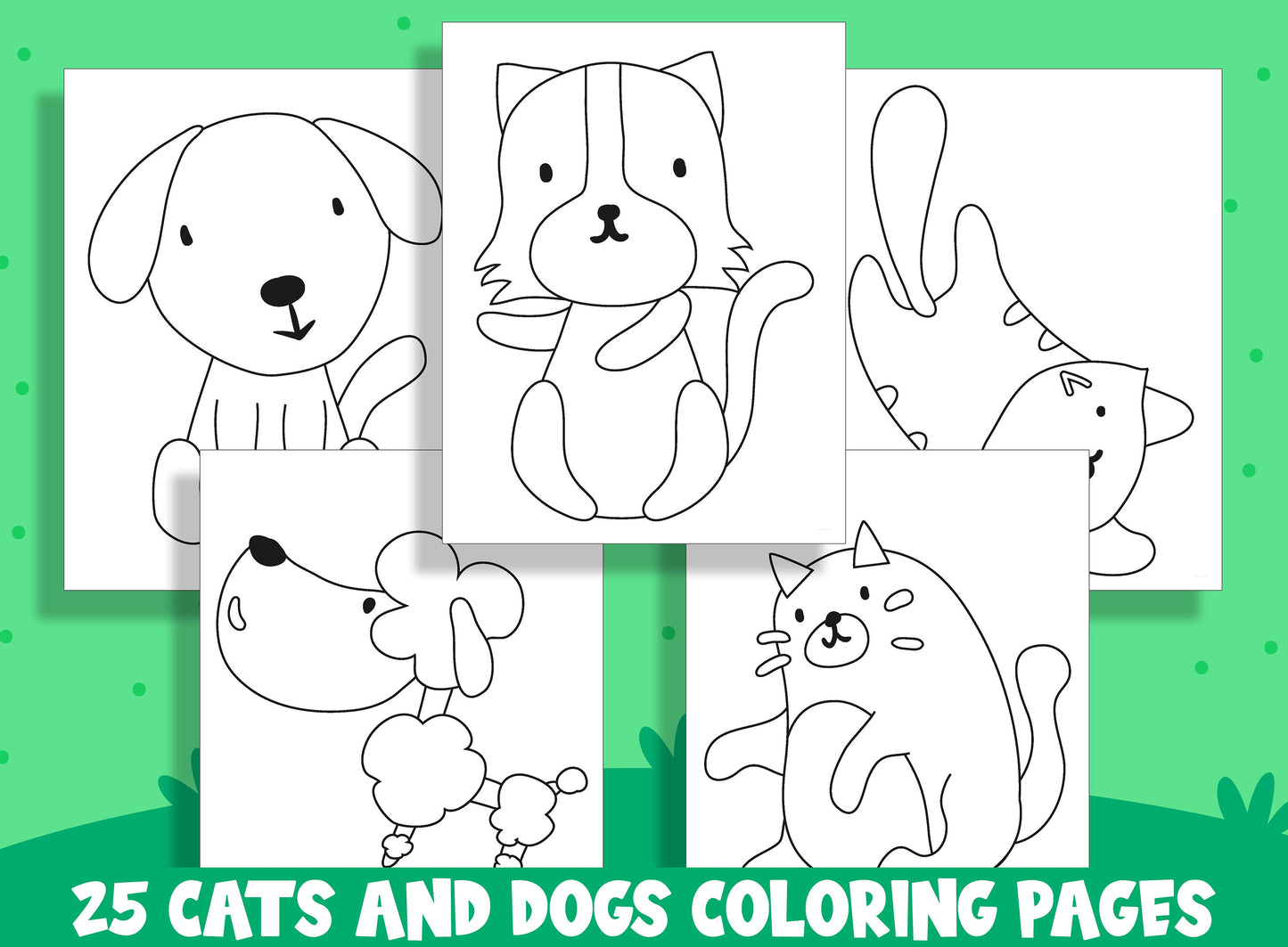 Fun & Adorable Coloring Pages of Cats and Dogs: 25 Perfectly Designed Sheets for Preschool and Kindergarten Kids, PDF File, Instant Download