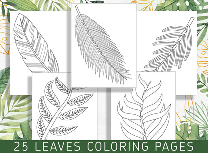 Escape to Nature: 25 Exquisite Leaf Coloring Pages for Stress Relief and Relaxation, PDF File, Instant Download