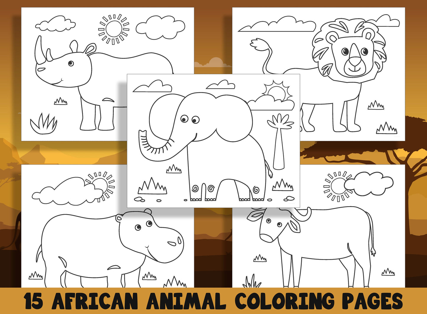 15 Fun and Educational African Animal Coloring Pages for Preschool and Kindergarten Kids, PDF File, Instant Download