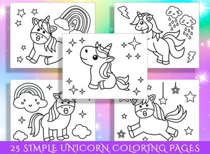Simple Unicorn Coloring Pages: 25 Simple Designs for Preschool and Kindergarten, PDF File, Instant Download