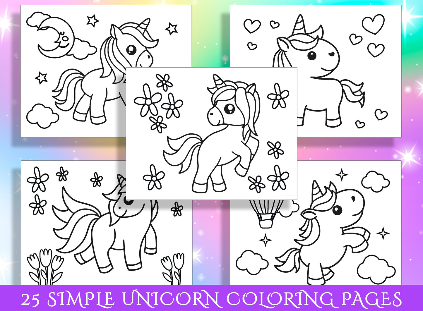 Simple Unicorn Coloring Pages: 25 Simple Designs for Preschool and Kindergarten, PDF File, Instant Download