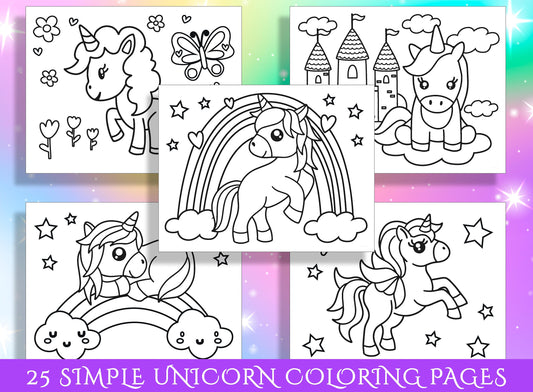 Simple Unicorn Coloring Pages: 25 Simple Designs for Preschool and Kindergarten, PDF File, Instant Download