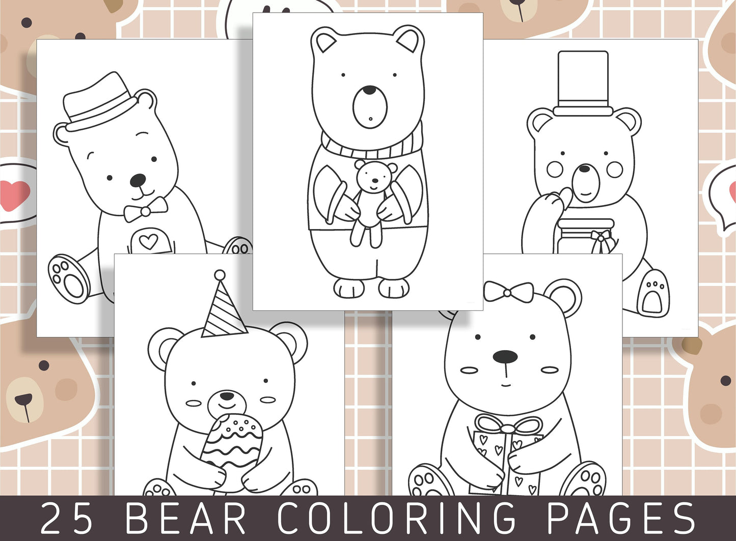25 Adorable Bear Coloring Pages for Preschool and Kindergarten Kids, PDF File, Instant Download