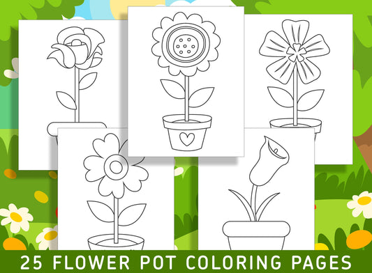 25 Fun and Creative Flower Pot Coloring Pages for Preschool and Kindergarten Kids, PDF File, Instant Download