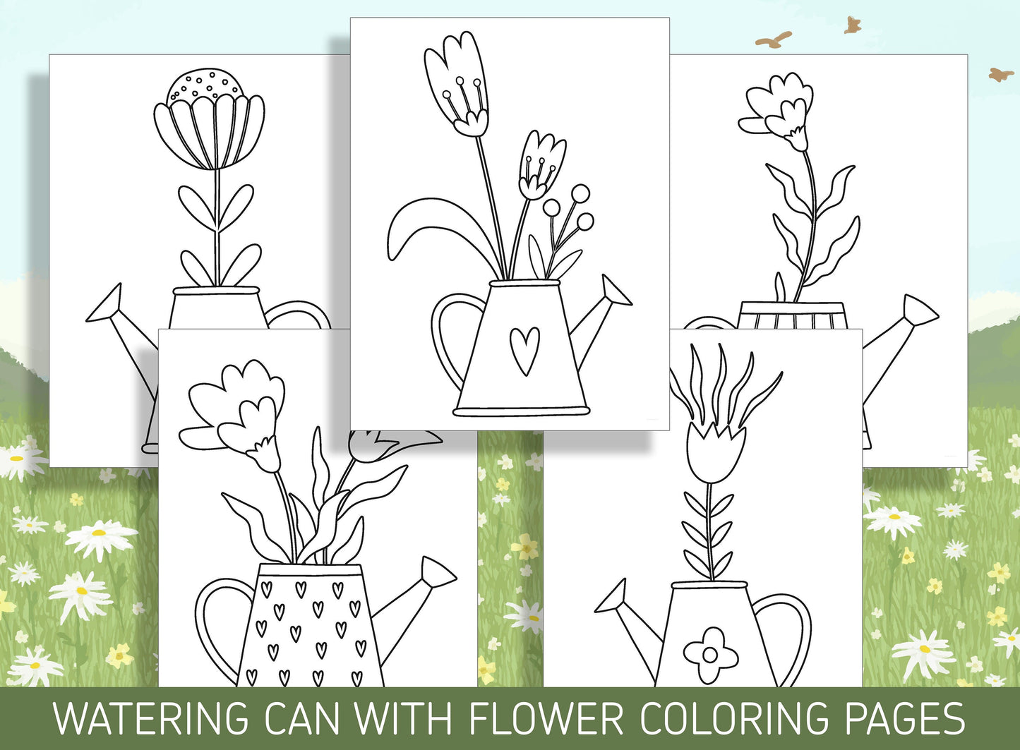 15 Beautiful Watering Can with Flower Coloring Pages for a Relaxing Activity, PDF File, Instant Download