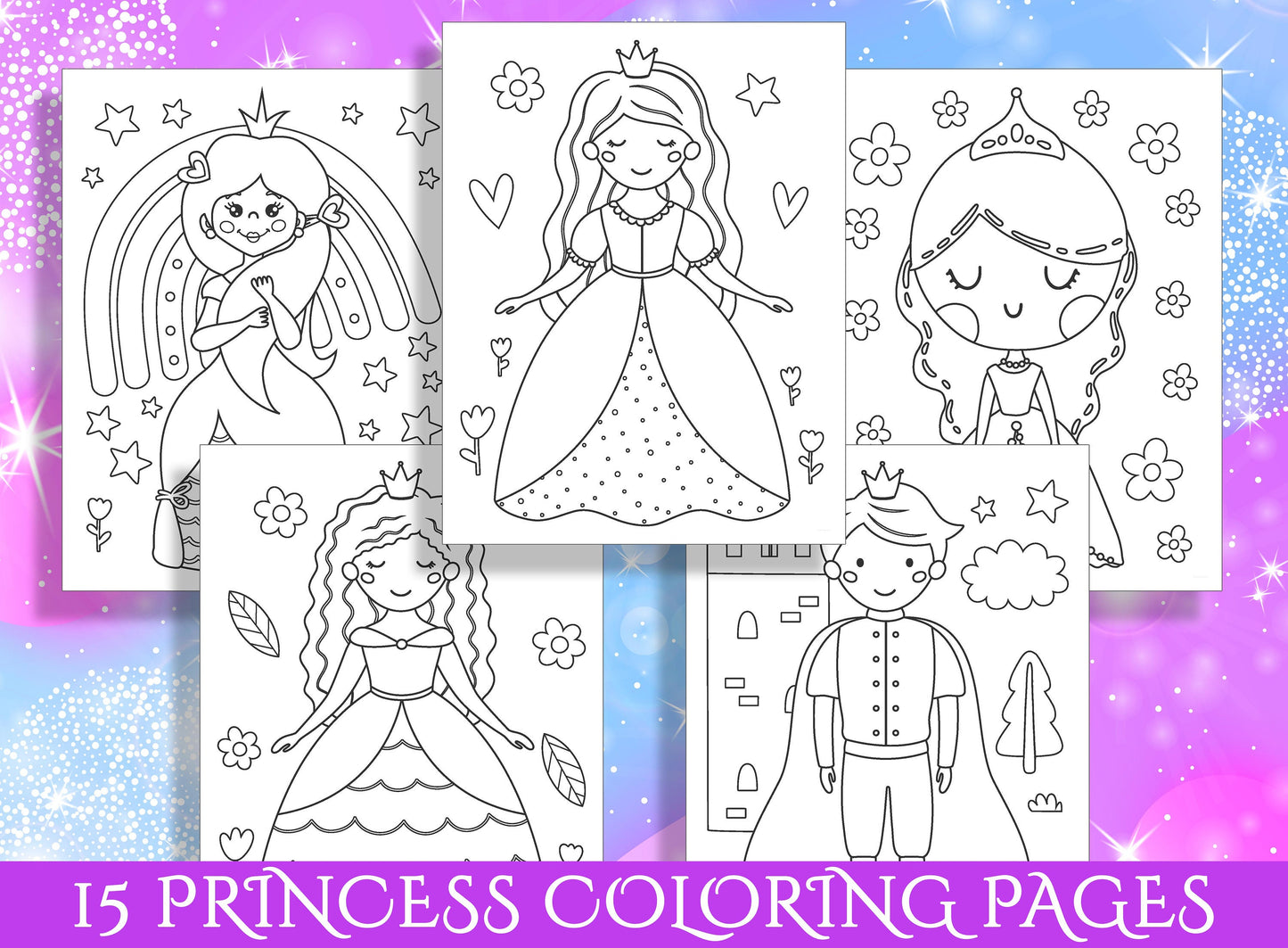 Magical Princess Coloring Pages: 15 Enchanting Designs for Preschool and Kindergarten - PDF File, Instant Download
