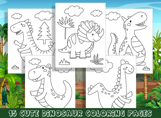 Roar-some Fun: 15 Cute Dinosaur Coloring Pages for Preschool and Kindergarten Kids, PDF File, Instant Download